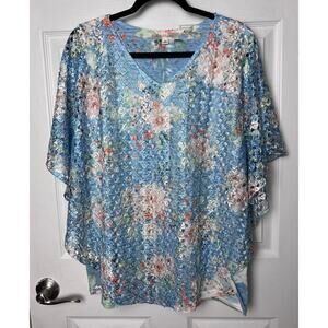 Casual Express Lace Poncho Floral Tunic Top Blouse Short Sleeve Women's Size XL